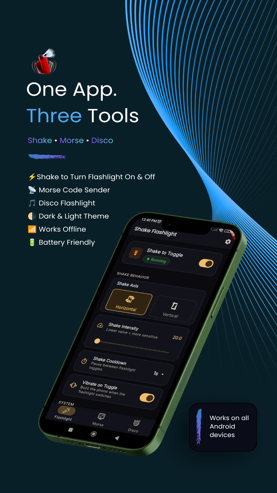 One app, three tools: Shake, Morse, Disco