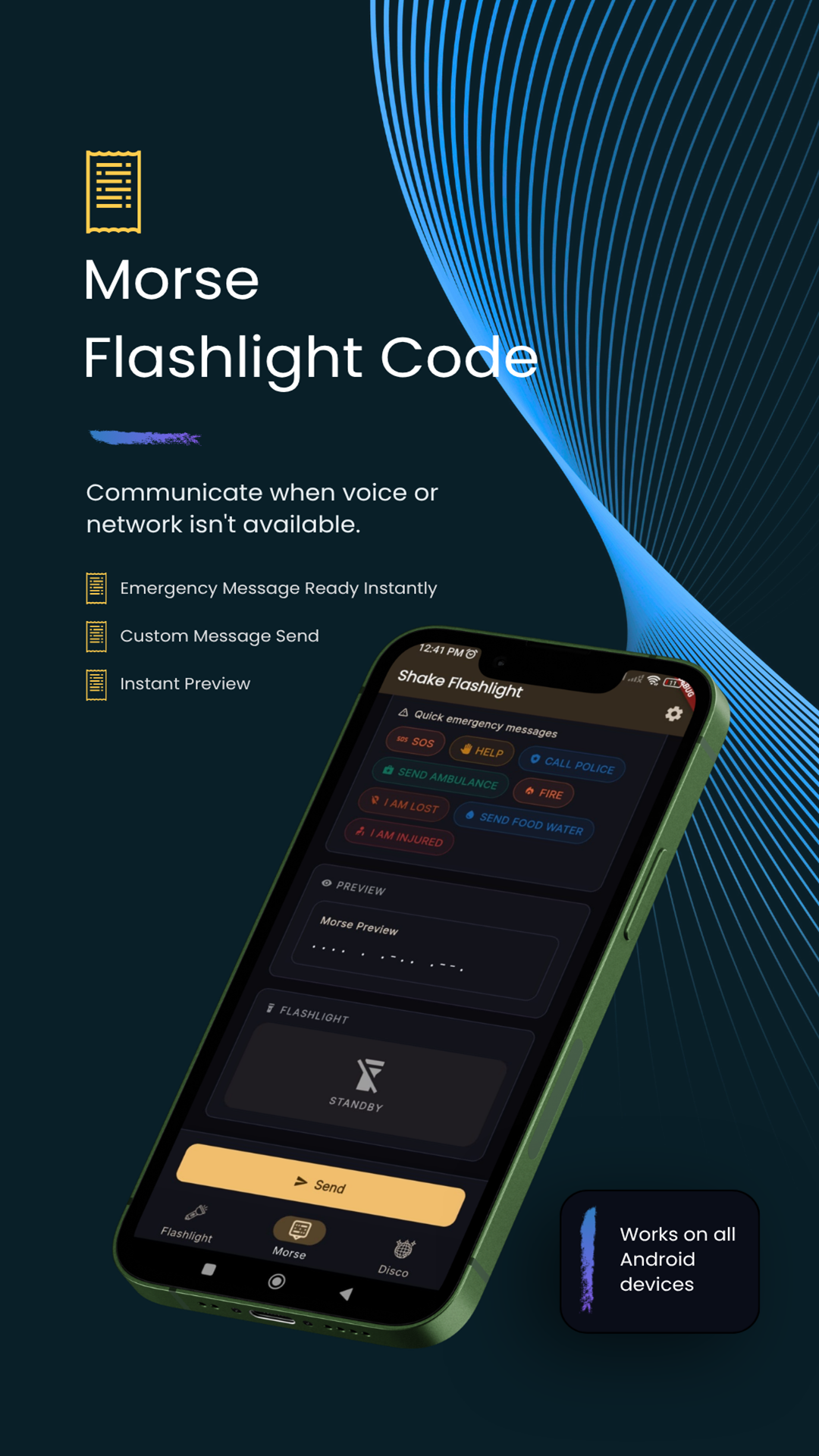 Morse flashlight code screen with quick emergency presets